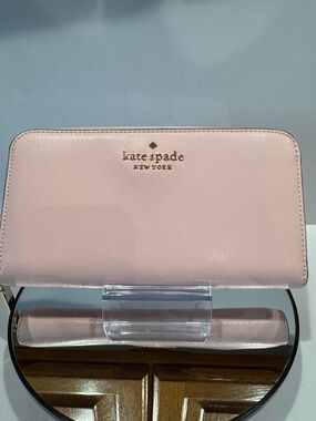 Kate Spade New York Brynn Pale Pink Saffiano Zip Around Wallet gold hardware